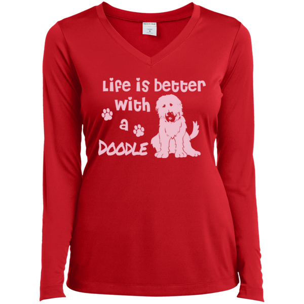 Life Is Better With A Doodle (Pink) - Ladies Long Sleeve V-Neck