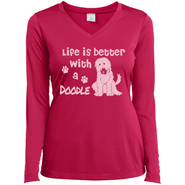 Life Is Better With A Doodle (Pink) - Ladies Long Sleeve V-Neck