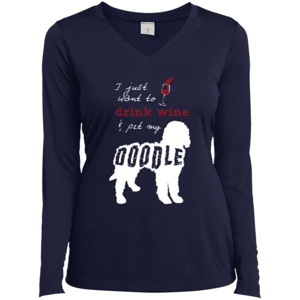 Drink Wine And Pet My Doodle - Ladies Long Sleeve V-Neck