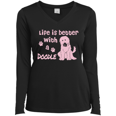Life Is Better With A Doodle (Pink) - Ladies Long Sleeve V-Neck