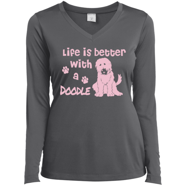 Life Is Better With A Doodle (Pink) - Ladies Long Sleeve V-Neck