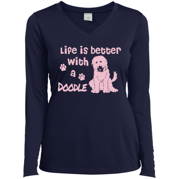 Life Is Better With A Doodle (Pink) - Ladies Long Sleeve V-Neck