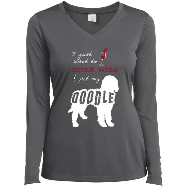 Drink Wine And Pet My Doodle - Ladies Long Sleeve V-Neck
