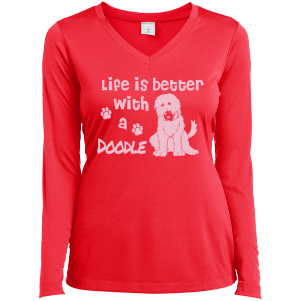 Life Is Better With A Doodle (Pink) - Ladies Long Sleeve V-Neck