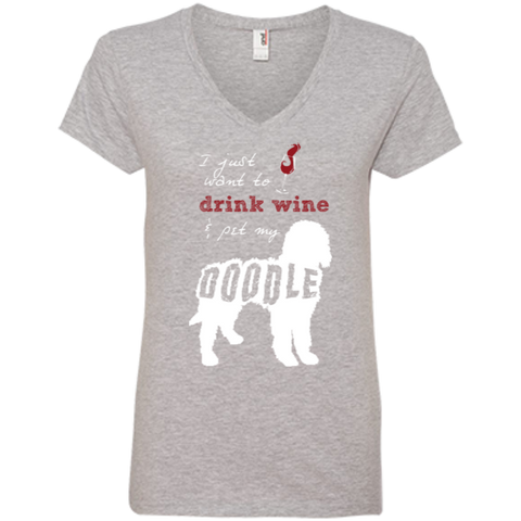 Drink Wine And Pet My Doodle - Ladies V-Neck