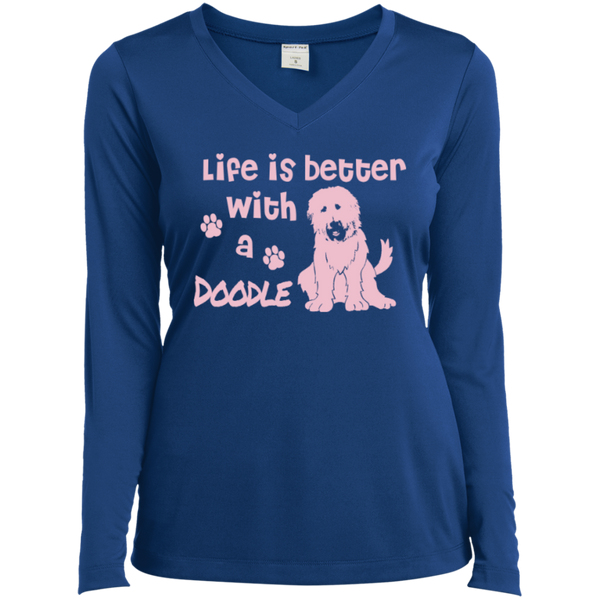 Life Is Better With A Doodle (Pink) - Ladies Long Sleeve V-Neck